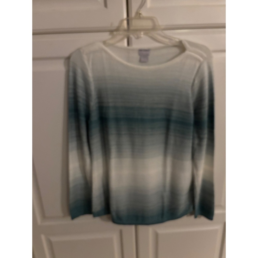 Chicos Ombre Stripe Sweater Womens Size 1 Medium Teal Blue White Long Sleeve